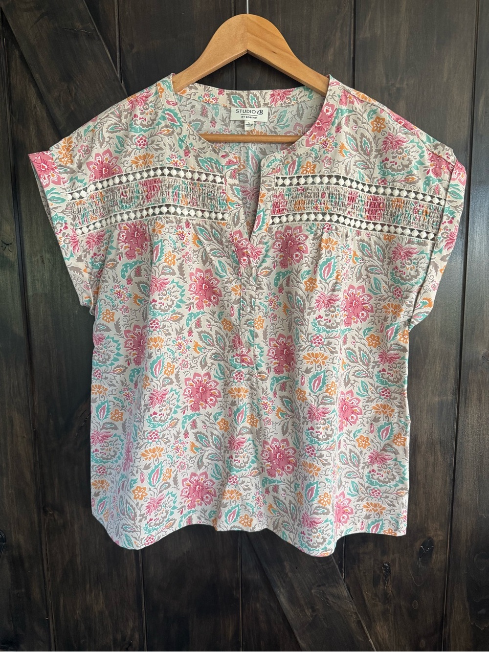 Studio B by Roaman’s Floral Boho Blouse Crochet Lace Smocked Trim Top L